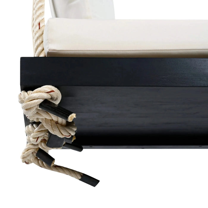 TOPMAX Patio Wooden Swing Chair, Hanging Porch Swing Bench with Cushion&Pillows, 10.8Ft Hemp Ropes for Garden,Backyard, Lawn,Black Default -DTYStore