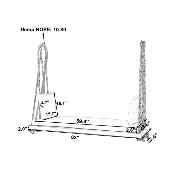 TOPMAX Patio Wooden Swing Chair, Hanging Porch Swing Bench with Cushion&Pillows, 10.8Ft Hemp Ropes for Garden,Backyard, Lawn,Black Default -DTYStore