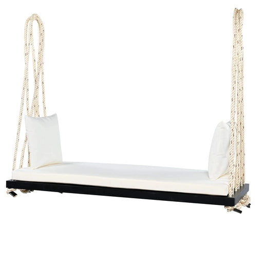 TOPMAX Patio Wooden Swing Chair, Hanging Porch Swing Bench with Cushion&Pillows, 10.8Ft Hemp Ropes for Garden,Backyard, Lawn,Black Default -DTYStore