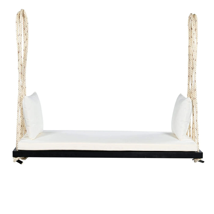 TOPMAX Patio Wooden Swing Chair, Hanging Porch Swing Bench with Cushion&Pillows, 10.8Ft Hemp Ropes for Garden,Backyard, Lawn,Black Default -DTYStore