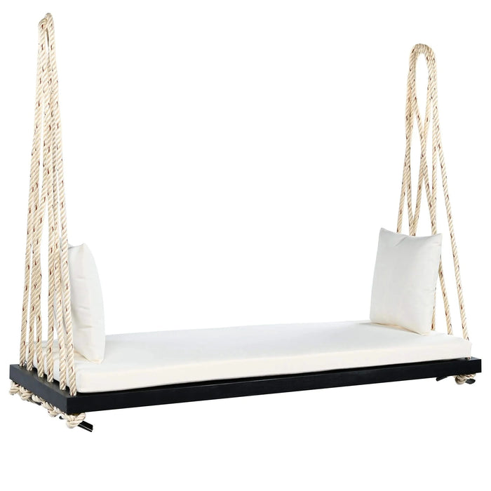 TOPMAX Patio Wooden Swing Chair, Hanging Porch Swing Bench with Cushion&Pillows, 10.8Ft Hemp Ropes for Garden,Backyard, Lawn,Black Default -DTYStore