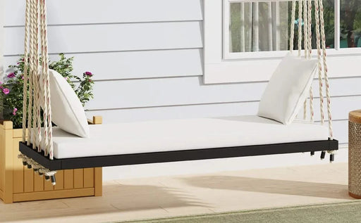 TOPMAX Patio Wooden Swing Chair, Hanging Porch Swing Bench with Cushion&Pillows, 10.8Ft Hemp Ropes for Garden,Backyard, Lawn,Black Default -DTYStore