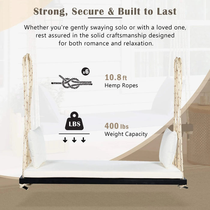 TOPMAX Patio Wooden Swing Chair, Hanging Porch Swing Bench with Cushion&Pillows, 10.8Ft Hemp Ropes for Garden,Backyard, Lawn,Black Default -DTYStore