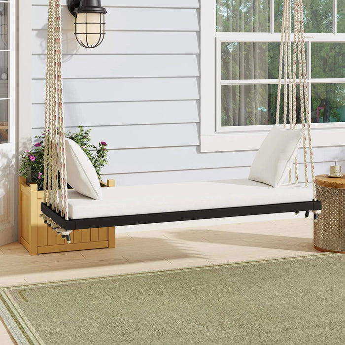 TOPMAX Patio Wooden Swing Chair, Hanging Porch Swing Bench with Cushion&Pillows, 10.8Ft Hemp Ropes for Garden,Backyard, Lawn,Black Default -DTYStore