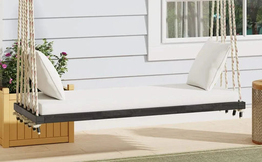 TOPMAX Patio Wooden Swing Chair, Hanging Porch Swing Bench with Cushion&Pillows, 10.8Ft Hemp Ropes for Garden,Backyard, Lawn,Brown Default -DTYStore