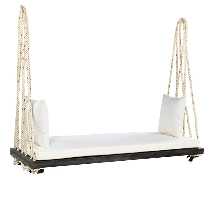 TOPMAX Patio Wooden Swing Chair, Hanging Porch Swing Bench with Cushion&Pillows, 10.8Ft Hemp Ropes for Garden,Backyard, Lawn,Brown Default -DTYStore