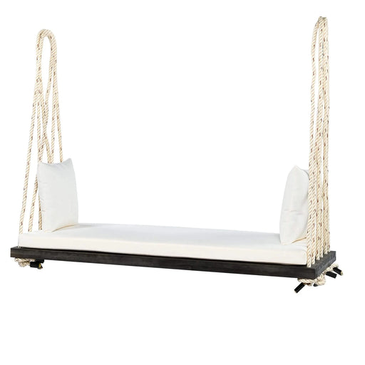 TOPMAX Patio Wooden Swing Chair, Hanging Porch Swing Bench with Cushion&Pillows, 10.8Ft Hemp Ropes for Garden,Backyard, Lawn,Brown Default -DTYStore