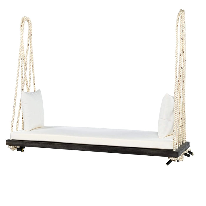 TOPMAX Patio Wooden Swing Chair, Hanging Porch Swing Bench with Cushion&Pillows, 10.8Ft Hemp Ropes for Garden,Backyard, Lawn,Brown Default -DTYStore