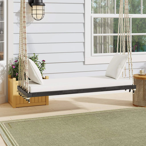 TOPMAX Patio Wooden Swing Chair, Hanging Porch Swing Bench with Cushion&Pillows, 10.8Ft Hemp Ropes for Garden,Backyard, Lawn,Brown Default -DTYStore