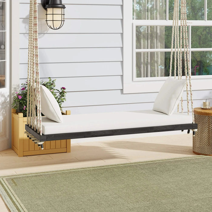 TOPMAX Patio Wooden Swing Chair, Hanging Porch Swing Bench with Cushion&Pillows, 10.8Ft Hemp Ropes for Garden,Backyard, Lawn,Brown Default -DTYStore