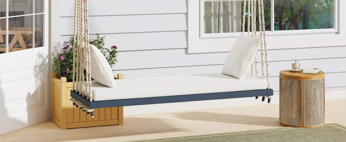 TOPMAX Patio Wooden Swing Chair, Hanging Porch Swing Bench with Cushion&Pillows, 10.8Ft Hemp Ropes for Garden,Backyard, Lawn,Gray Default -DTYStore