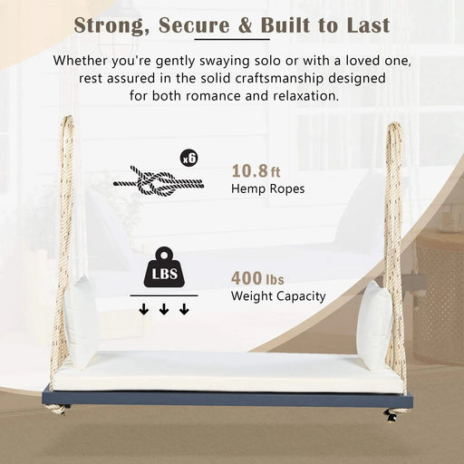 TOPMAX Patio Wooden Swing Chair, Hanging Porch Swing Bench with Cushion&Pillows, 10.8Ft Hemp Ropes for Garden,Backyard, Lawn,Gray Default -DTYStore