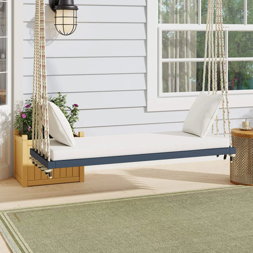 TOPMAX Patio Wooden Swing Chair, Hanging Porch Swing Bench with Cushion&Pillows, 10.8Ft Hemp Ropes for Garden,Backyard, Lawn,Gray Default -DTYStore