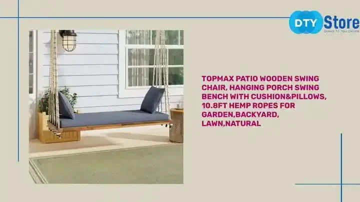 TOPMAX Patio Wooden Swing Chair, Hanging Porch Swing Bench with Cushion&Pillows, 10.8Ft Hemp Ropes for Garden,Backyard, Lawn,Natural Default -DTYStore