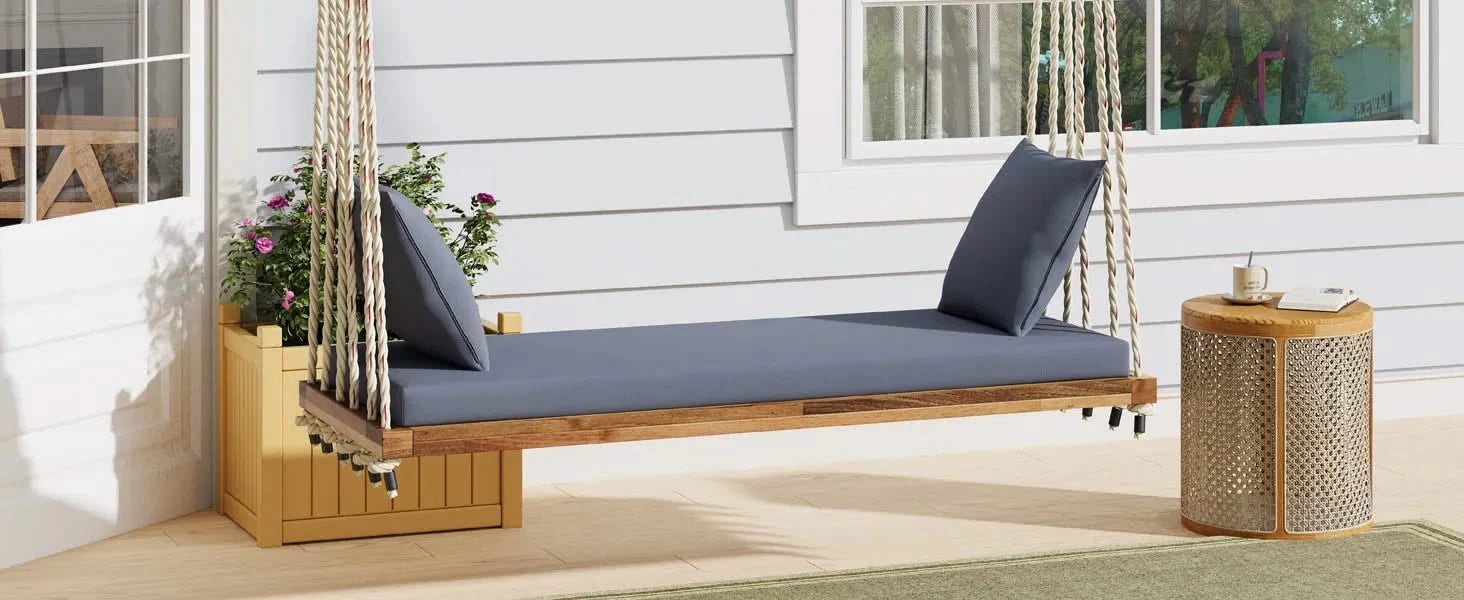 TOPMAX Patio Wooden Swing Chair, Hanging Porch Swing Bench with Cushion&Pillows, 10.8Ft Hemp Ropes for Garden,Backyard, Lawn,Natural Default -DTYStore