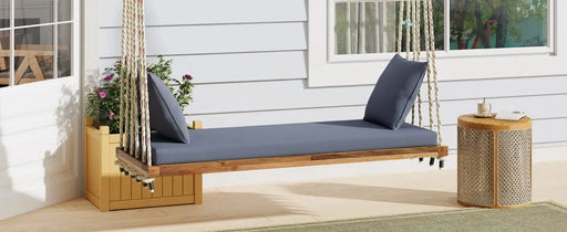 TOPMAX Patio Wooden Swing Chair, Hanging Porch Swing Bench with Cushion&Pillows, 10.8Ft Hemp Ropes for Garden,Backyard, Lawn,Natural Default -DTYStore