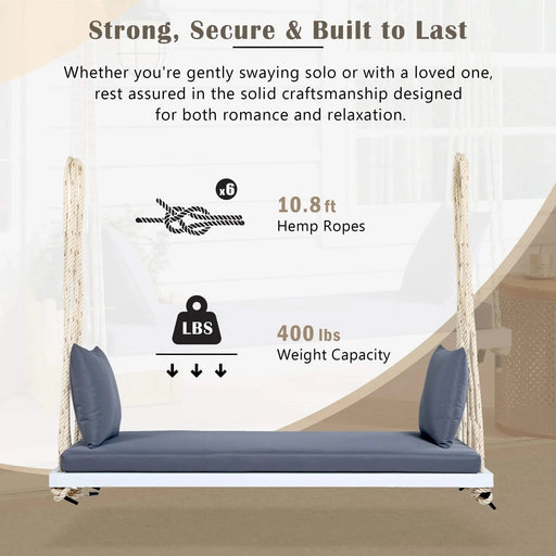 TOPMAX Patio Wooden Swing Chair, Hanging Porch Swing Bench with Cushion&Pillows, 10.8Ft Hemp Ropes for Garden,Backyard, Lawn,White Default -DTYStore