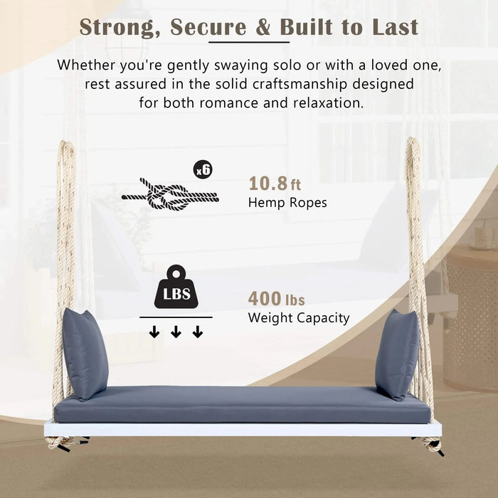 TOPMAX Patio Wooden Swing Chair, Hanging Porch Swing Bench with Cushion&Pillows, 10.8Ft Hemp Ropes for Garden,Backyard, Lawn,White Default -DTYStore
