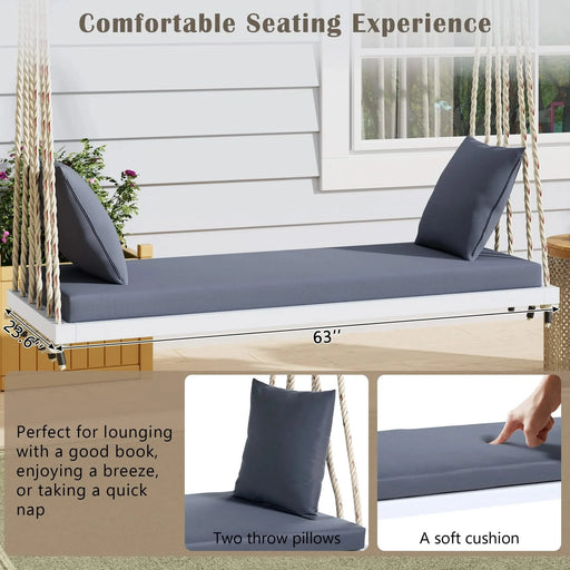 TOPMAX Patio Wooden Swing Chair, Hanging Porch Swing Bench with Cushion&Pillows, 10.8Ft Hemp Ropes for Garden,Backyard, Lawn,White Default -DTYStore