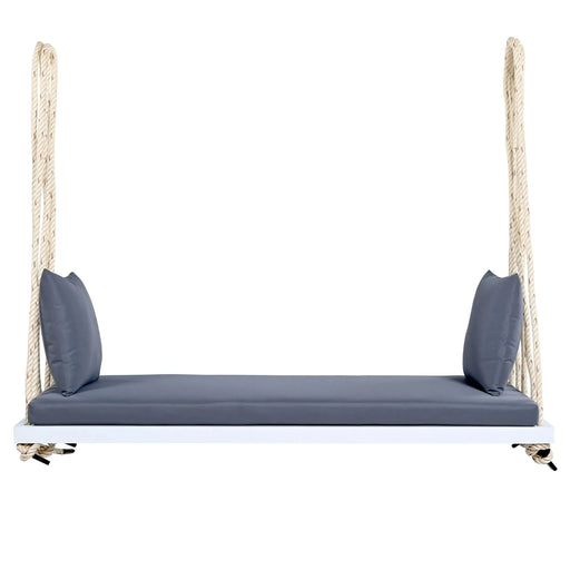 TOPMAX Patio Wooden Swing Chair, Hanging Porch Swing Bench with Cushion&Pillows, 10.8Ft Hemp Ropes for Garden,Backyard, Lawn,White Default -DTYStore