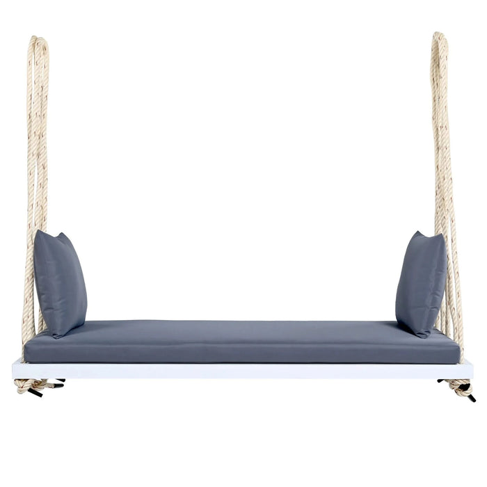 TOPMAX Patio Wooden Swing Chair, Hanging Porch Swing Bench with Cushion&Pillows, 10.8Ft Hemp Ropes for Garden,Backyard, Lawn,White Default -DTYStore