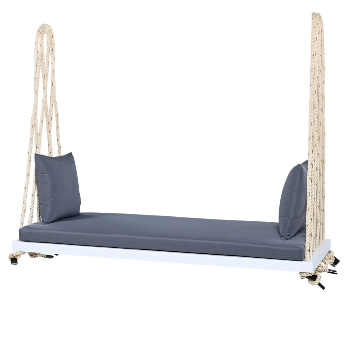 TOPMAX Patio Wooden Swing Chair, Hanging Porch Swing Bench with Cushion&Pillows, 10.8Ft Hemp Ropes for Garden,Backyard, Lawn,White Default -DTYStore