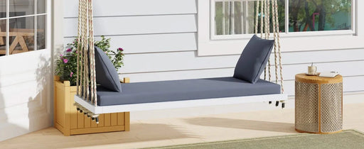TOPMAX Patio Wooden Swing Chair, Hanging Porch Swing Bench with Cushion&Pillows, 10.8Ft Hemp Ropes for Garden,Backyard, Lawn,White Default -DTYStore
