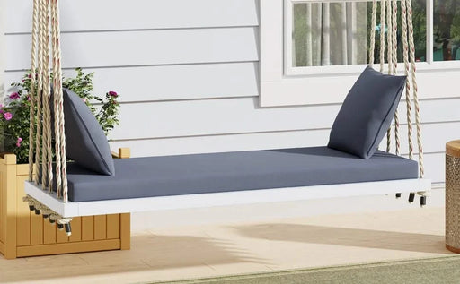 TOPMAX Patio Wooden Swing Chair, Hanging Porch Swing Bench with Cushion&Pillows, 10.8Ft Hemp Ropes for Garden,Backyard, Lawn,White Default -DTYStore