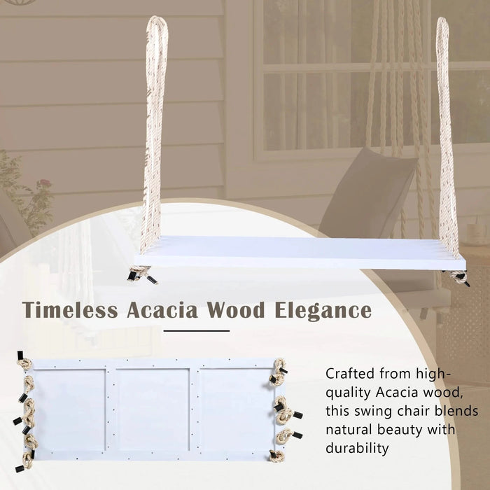 TOPMAX Patio Wooden Swing Chair, Hanging Porch Swing Bench with Cushion&Pillows, 10.8Ft Hemp Ropes for Garden,Backyard, Lawn,White Default -DTYStore