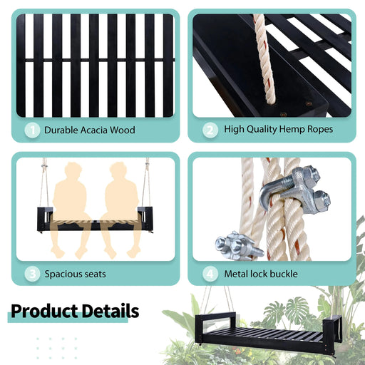 TOPMAX Twin Size Porch Swing Bed Seating Group, Patio Acacia Wood Swing Frame with Hemp Ropes for Garden, Backyard, Black Default -DTYStore