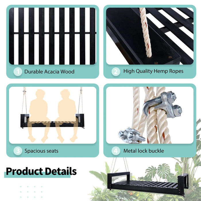 TOPMAX Twin Size Porch Swing Bed Seating Group, Patio Acacia Wood Swing Frame with Hemp Ropes for Garden, Backyard, Black Default -DTYStore