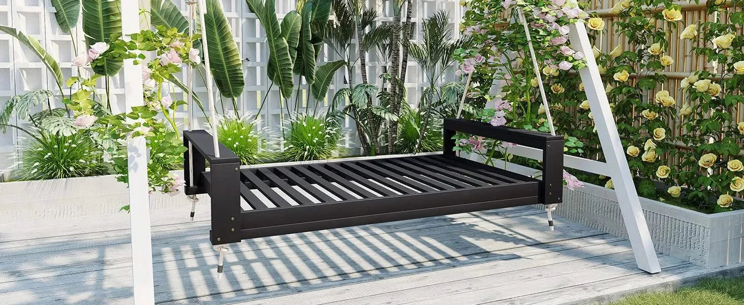 TOPMAX Twin Size Porch Swing Bed Seating Group, Patio Acacia Wood Swing Frame with Hemp Ropes for Garden, Backyard, Black Default -DTYStore