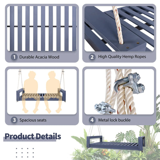 TOPMAX Twin Size Porch Swing Bed Seating Group, Patio Acacia Wood Swing Frame with Hemp Ropes for Garden, Backyard, Gray Default -DTYStore