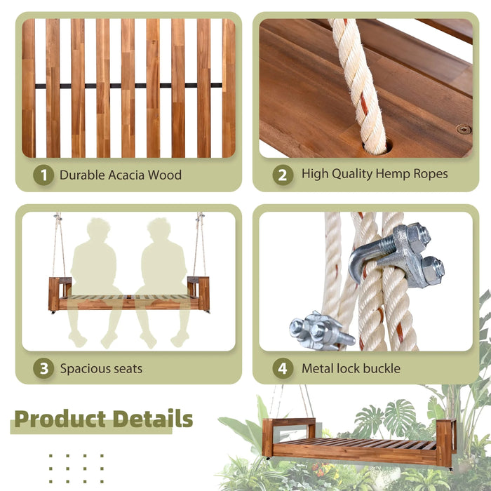 TOPMAX Twin Size Porch Swing Bed Seating Group, Patio Acacia Wood Swing Frame with Hemp Ropes for Garden, Backyard, Natural Default -DTYStore