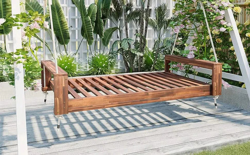 TOPMAX Twin Size Porch Swing Bed Seating Group, Patio Acacia Wood Swing Frame with Hemp Ropes for Garden, Backyard, Natural Default -DTYStore