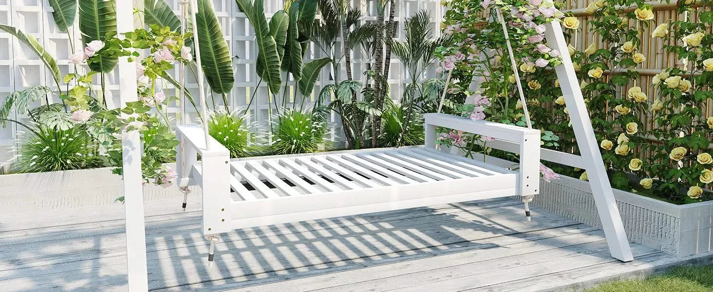 TOPMAX Twin Size Porch Swing Bed Seating Group, Patio Acacia Wood Swing Frame with Hemp Ropes for Garden, Backyard, White Default -DTYStore