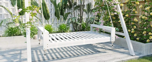 TOPMAX Twin Size Porch Swing Bed Seating Group, Patio Acacia Wood Swing Frame with Hemp Ropes for Garden, Backyard, White Default -DTYStore