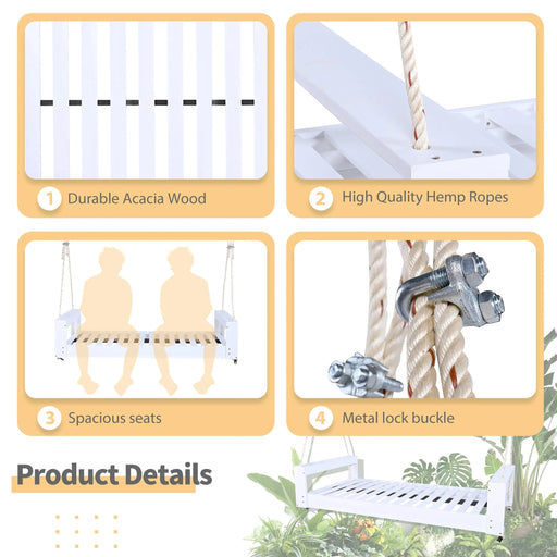 TOPMAX Twin Size Porch Swing Bed Seating Group, Patio Acacia Wood Swing Frame with Hemp Ropes for Garden, Backyard, White Default -DTYStore