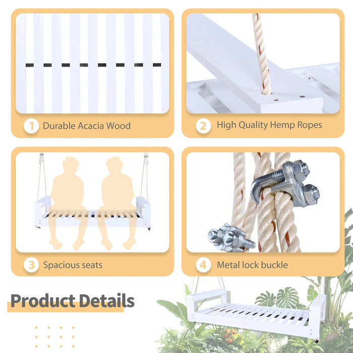 TOPMAX Twin Size Porch Swing Bed Seating Group, Patio Acacia Wood Swing Frame with Hemp Ropes for Garden, Backyard, White Default -DTYStore