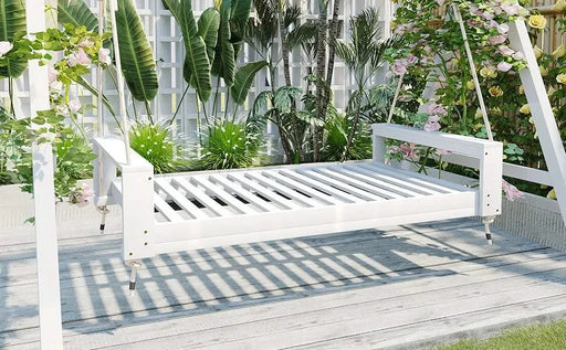 TOPMAX Twin Size Porch Swing Bed Seating Group, Patio Acacia Wood Swing Frame with Hemp Ropes for Garden, Backyard, White Default -DTYStore