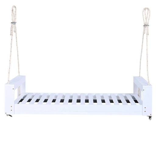 TOPMAX Twin Size Porch Swing Bed Seating Group, Patio Acacia Wood Swing Frame with Hemp Ropes for Garden, Backyard, White Default -DTYStore