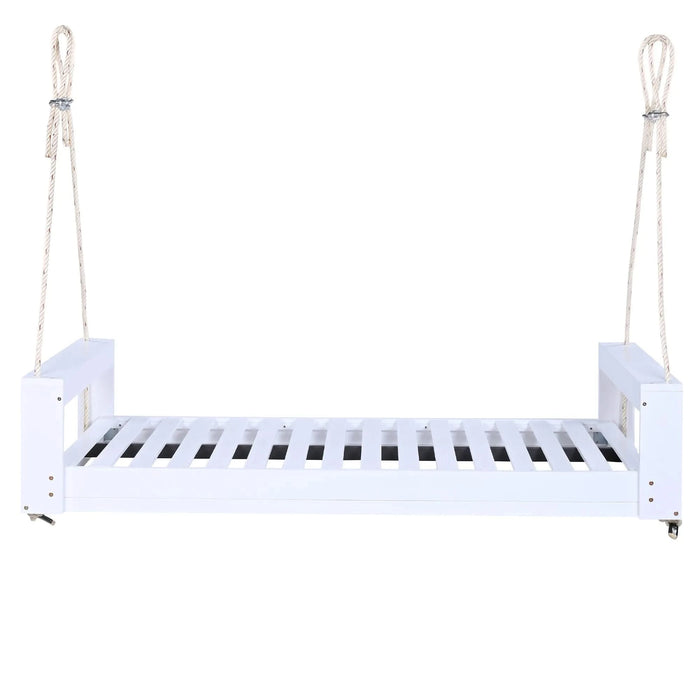 TOPMAX Twin Size Porch Swing Bed Seating Group, Patio Acacia Wood Swing Frame with Hemp Ropes for Garden, Backyard, White Default -DTYStore