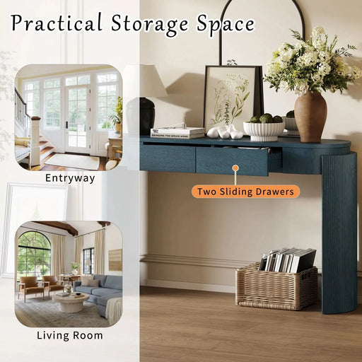 TREXM Entryway Table with Natural Wood Grain Finish, Console Table with Fluted Design, Oval Top and 2 Drawers for Entryway and Living Room (Navy) Default -DTYStore