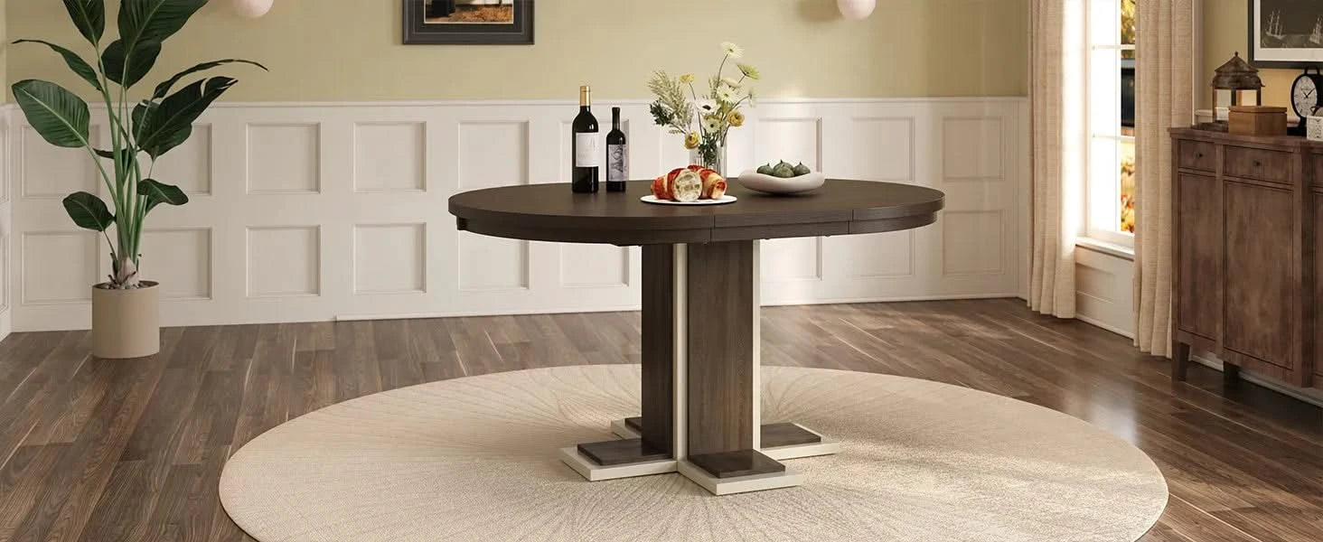 TREXM Extendable Dining Table with a 16-inch Middle Leaf, 42''-58'' Oval Dining Table for 6, Retro Solid Wood Round Dining Table with Double Layer Design for Kitchen, Dining Room (Espresso) Default -DTYStore