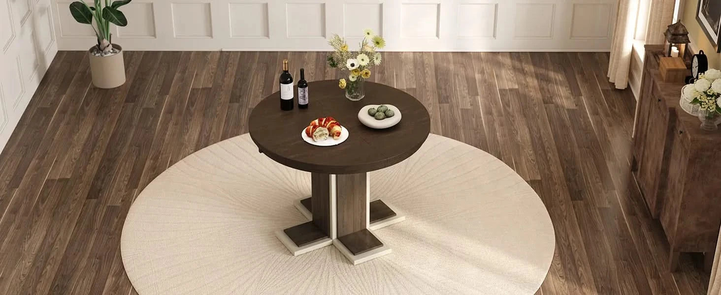 TREXM Extendable Dining Table with a 16-inch Middle Leaf, 42''-58'' Oval Dining Table for 6, Retro Solid Wood Round Dining Table with Double Layer Design for Kitchen, Dining Room (Espresso) Default -DTYStore