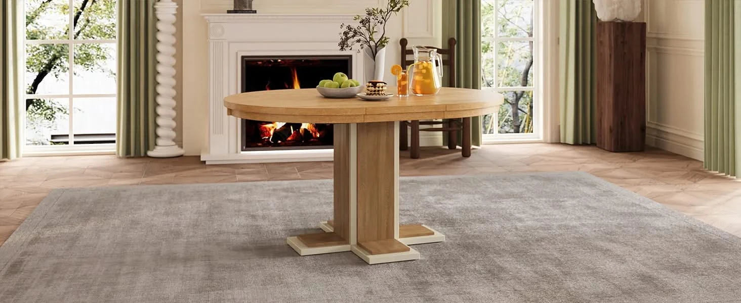 TREXM Extendable Dining Table with a 16-inch Middle Leaf, 42''-58'' Oval Dining Table for 6, Retro Solid Wood Round Dining Table with Double Layer Design for Kitchen, Dining Room (Natural Wood Wash) Default -DTYStore