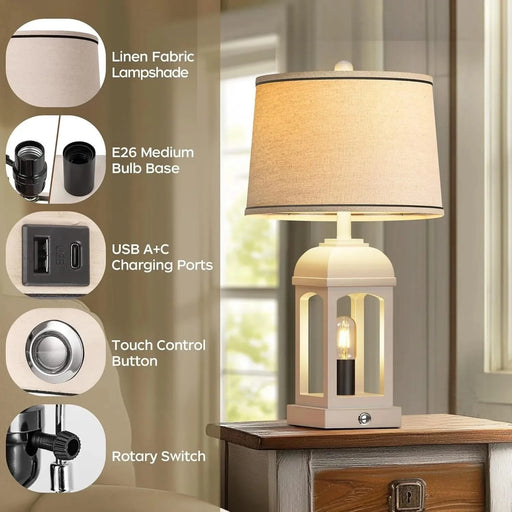 Table Lamp for Living Room, Farmhouse Lamps Set of 2 with USB A+C and Nightlight, 26' Rustic Bedside Lamps with 3-Way Dimmable, Touch Nightstand Lamp for Bedroom, White Default -DTYStore