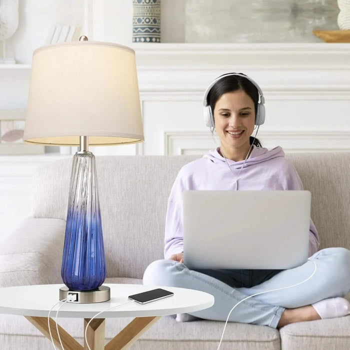 Table Lamps Set of 2 with Touch Control, 3-Way Dimmable Modern Glass Bedside Lamps with USB A+C Ports, Nightstand Lamp with White Fabric Shade, 27.5' Large Lamps for Living Room Bedrooms Decorations Default -DTYStore