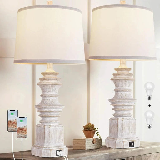 Table Lamps for Nightstand Set of 2, Bedside Lamp with Dual USB Charging Ports, Farmhouse Decor Table Lamps with White Fabric Lampshade for Living Room, Bedroom Lamps with 3 Color Modes Bulbs Default -DTYStore