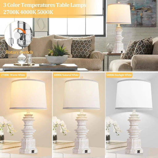 Table Lamps for Nightstand Set of 2, Bedside Lamp with Dual USB Charging Ports, Farmhouse Decor Table Lamps with White Fabric Lampshade for Living Room, Bedroom Lamps with 3 Color Modes Bulbs Default -DTYStore